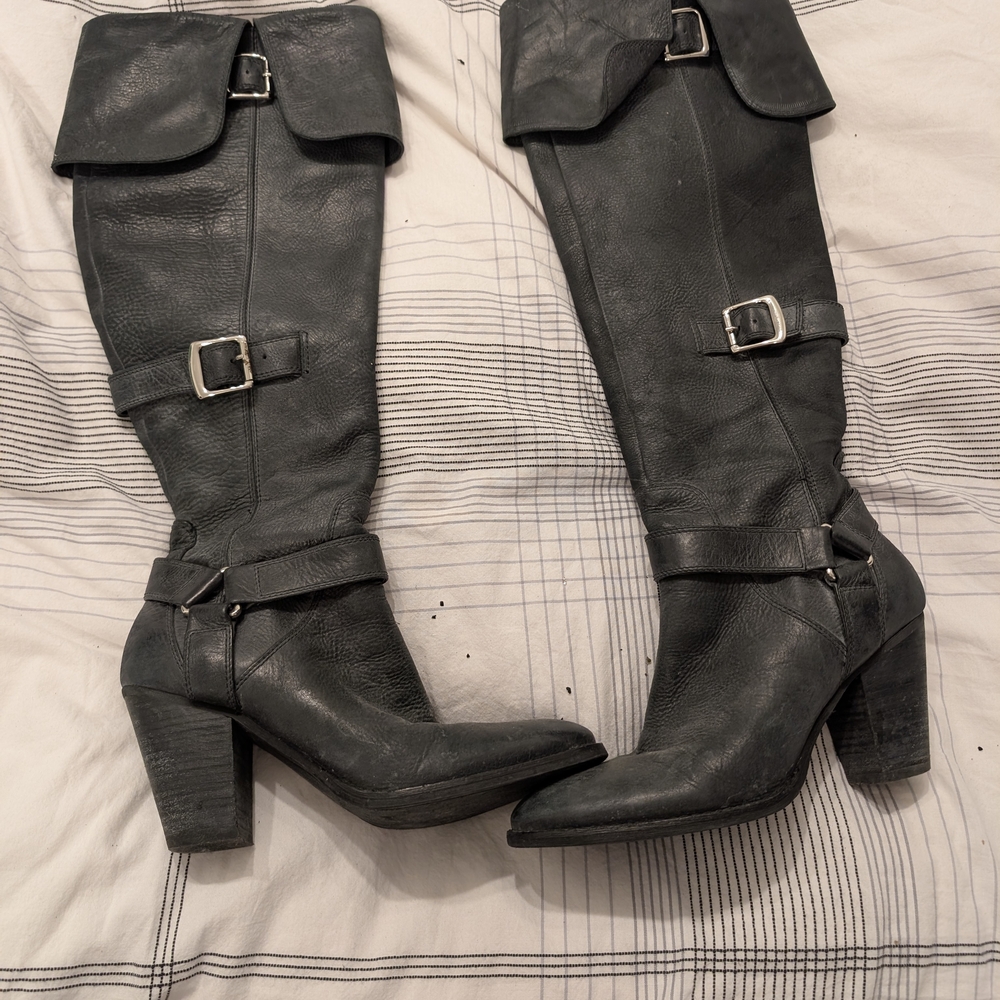 Enzo Angiolini Charcoal Heeled Boots with Buckles